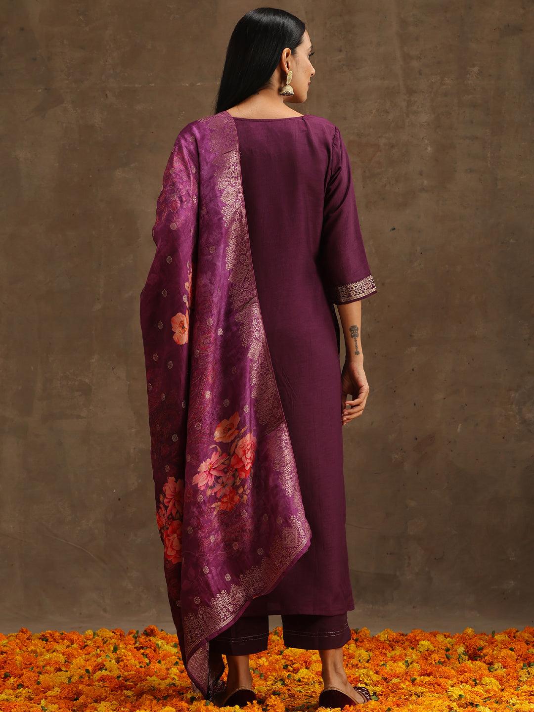 Purple Self Design Silk Straight Kurta With Trousers & Dupatta