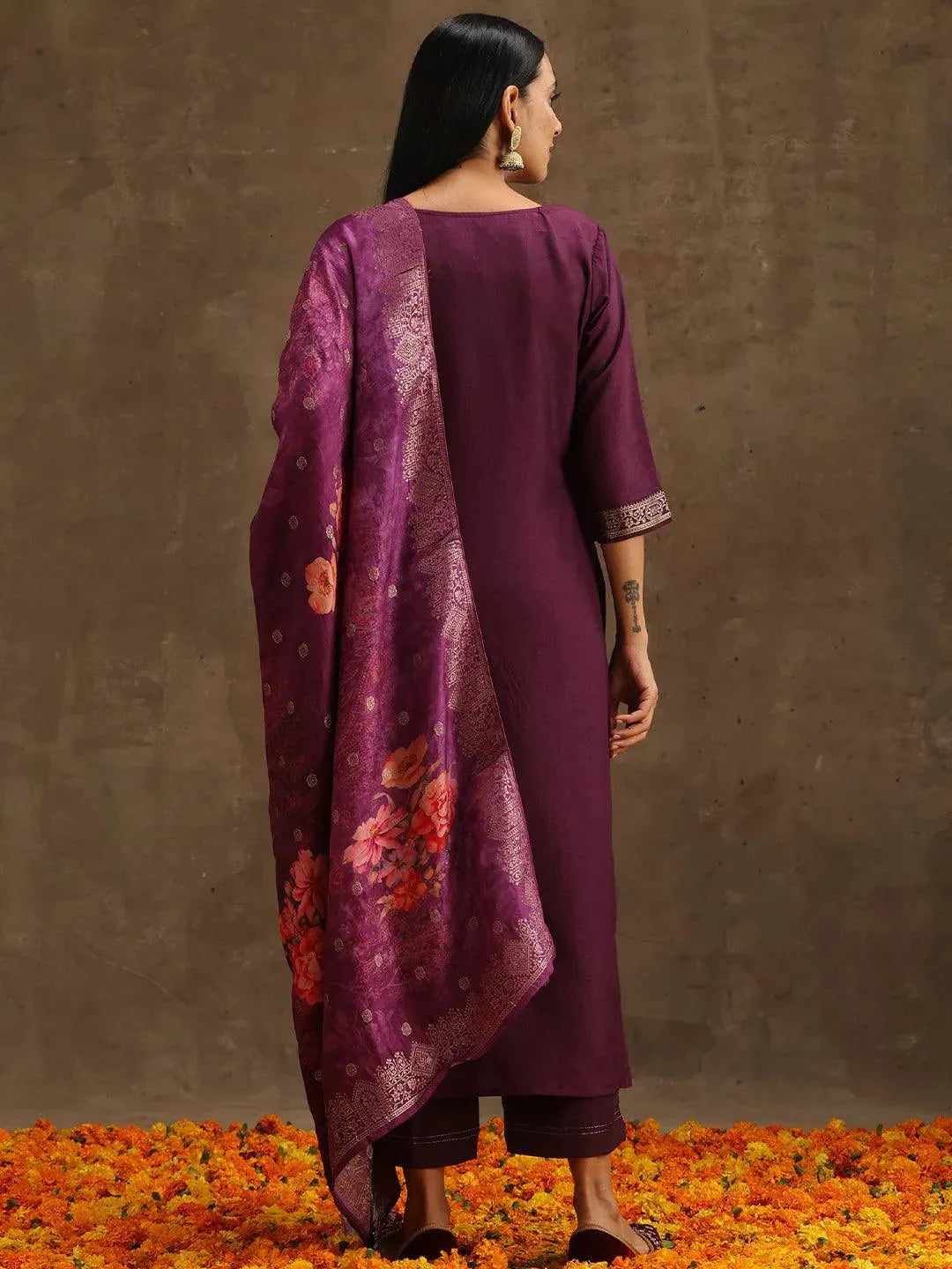 Purple Self Design Silk Suit Set With Trousers - Libas 