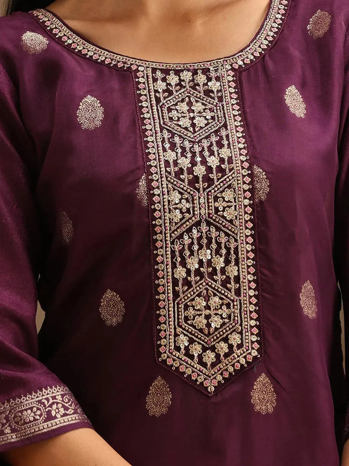 Purple Self Design Silk Suit Set With Trousers - Libas