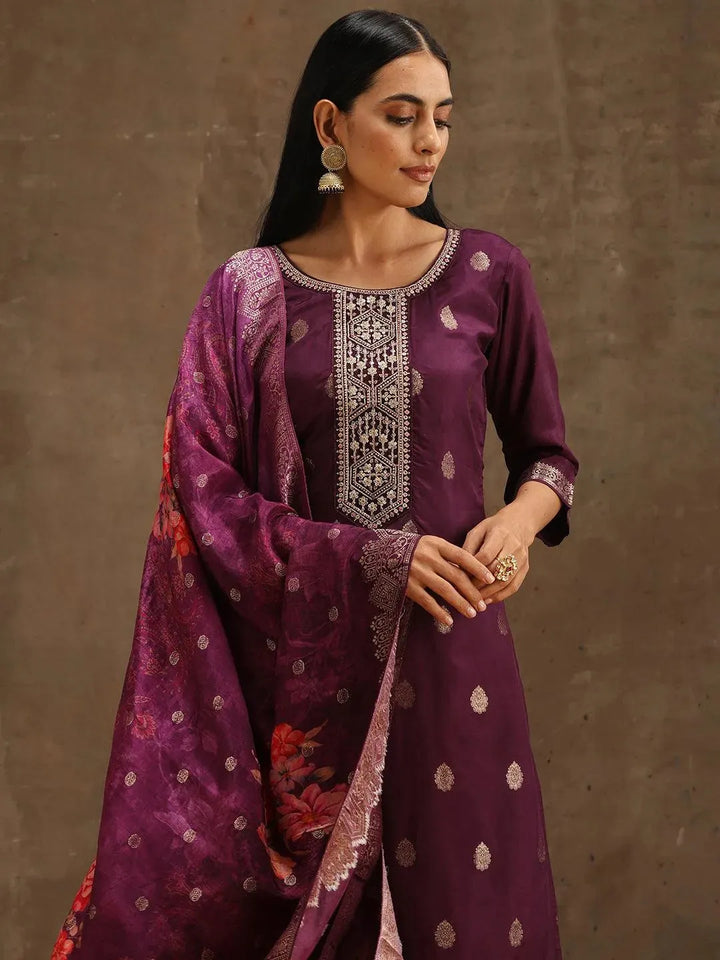 Purple Self Design Silk Suit Set With Trousers - Libas