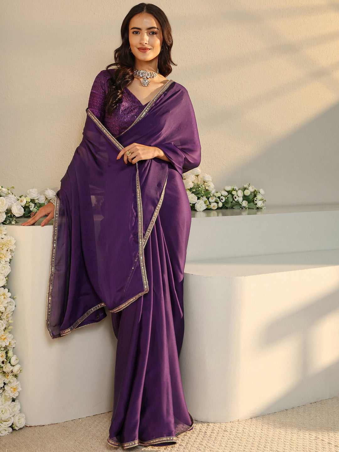 Purple Solid Chiffon Saree With Unstitched Blouse Piece