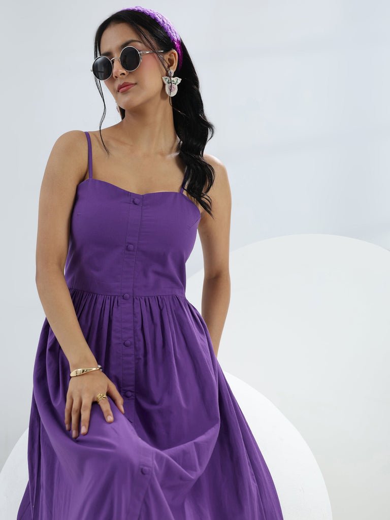 Libas Purple Solid Cotton A-Line One-Piece Dress
