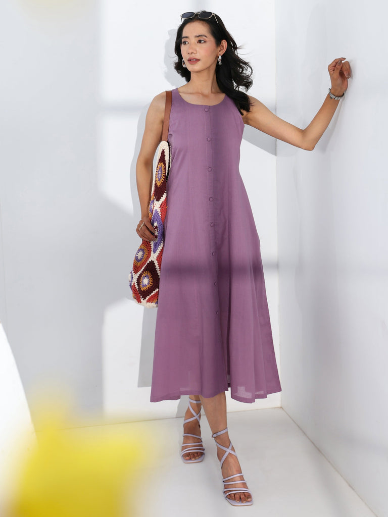 Libas Purple Solid Cotton A-Line One Piece Dress