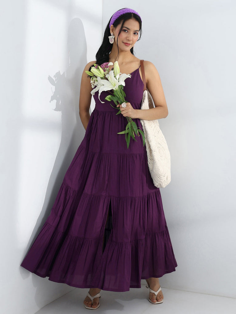 Libas Purple Solid Cotton A-Line One-Piece Tiered Dress
