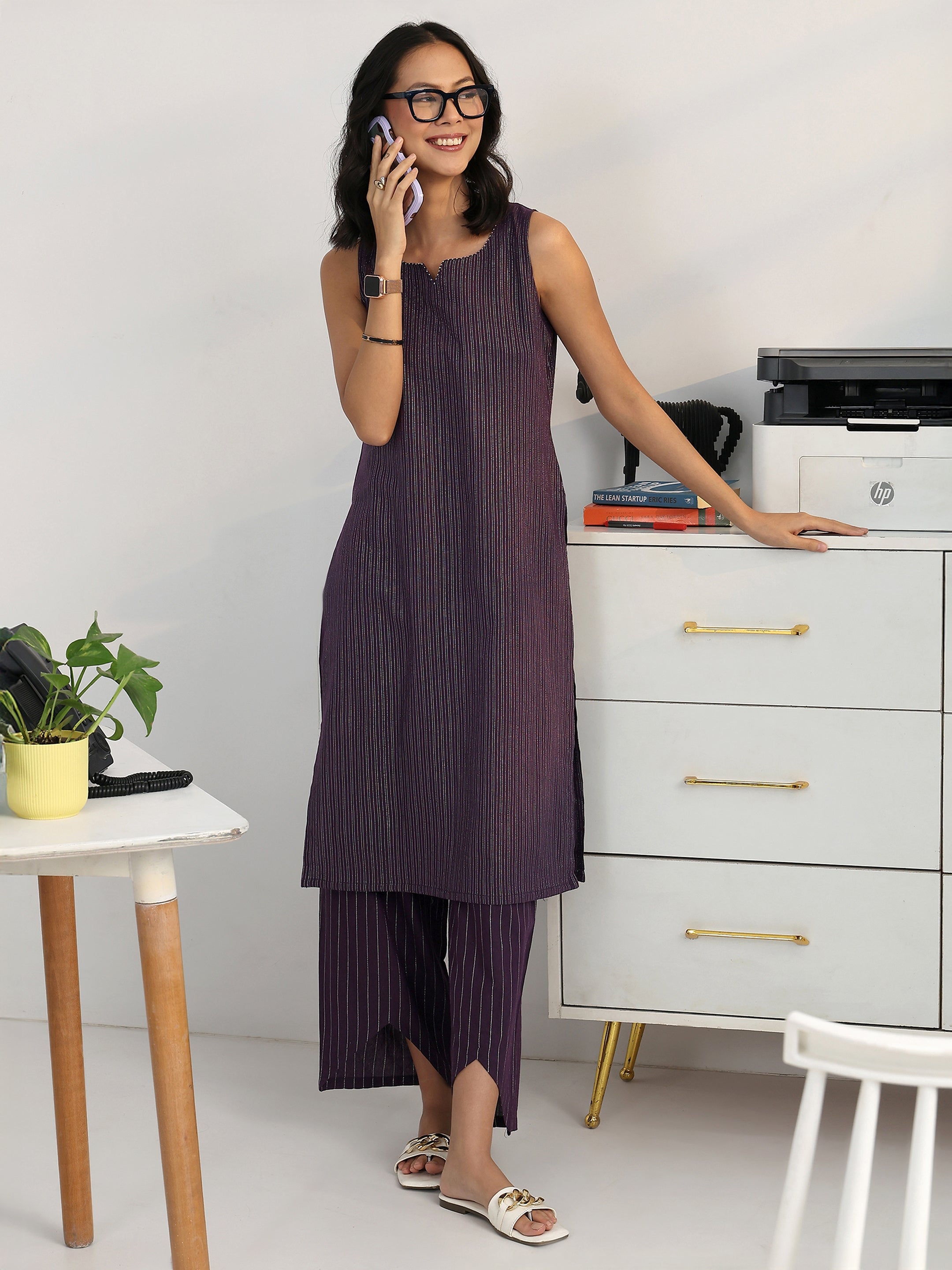 Anya-Cut Purple Striped Cotton Blend Suit Set-image-4
