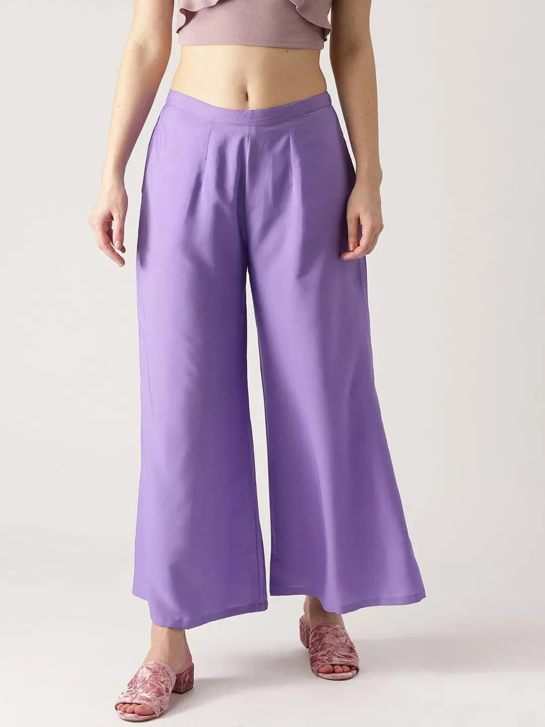 Purple Solid Crepe Palazzos - Libas