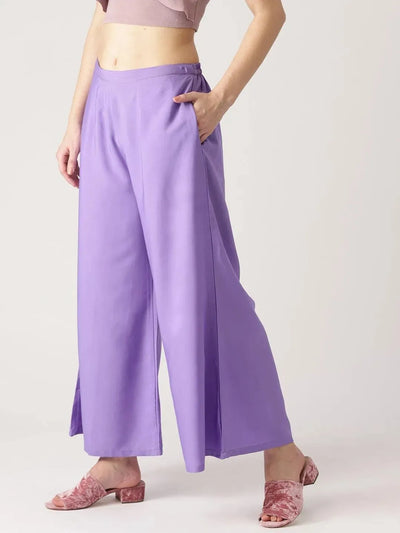 Purple Solid Crepe Palazzos - Libas