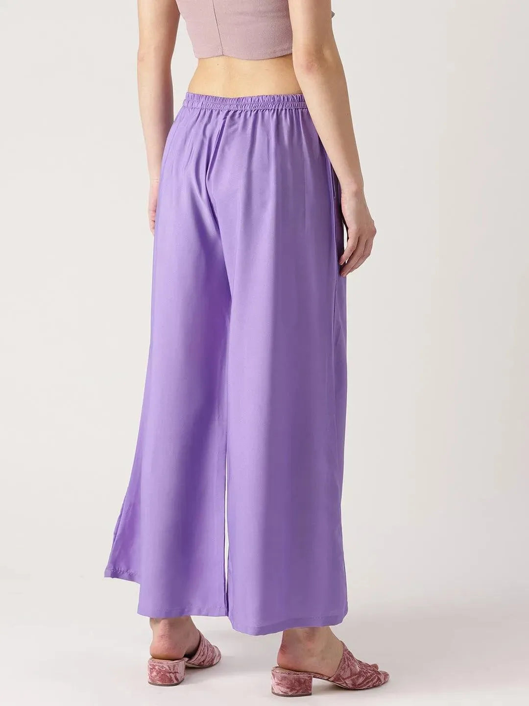 Purple Solid Crepe Palazzos - Libas