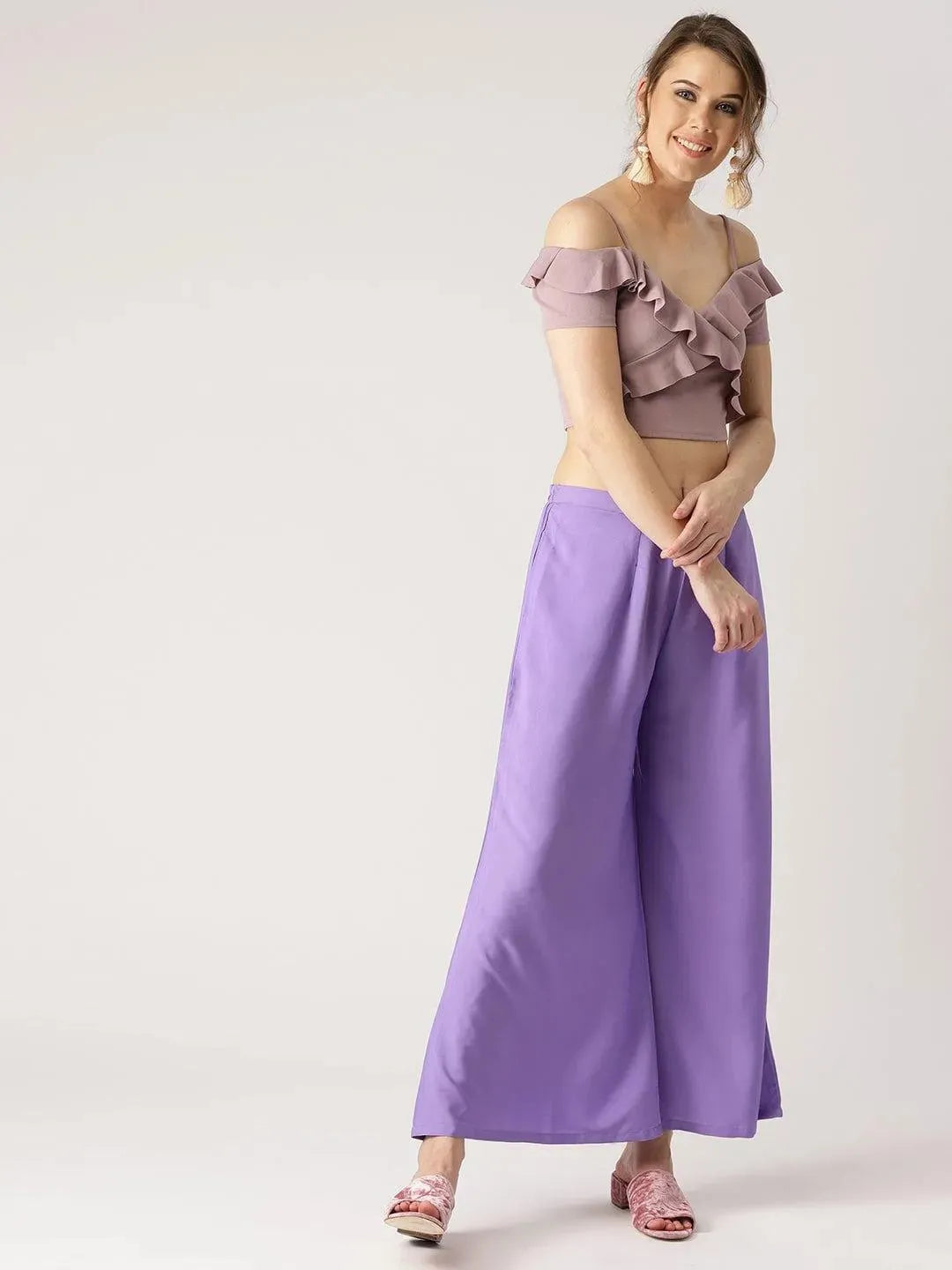 Purple Solid Crepe Palazzos - Libas 