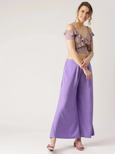 Purple Solid Crepe Palazzos - Libas