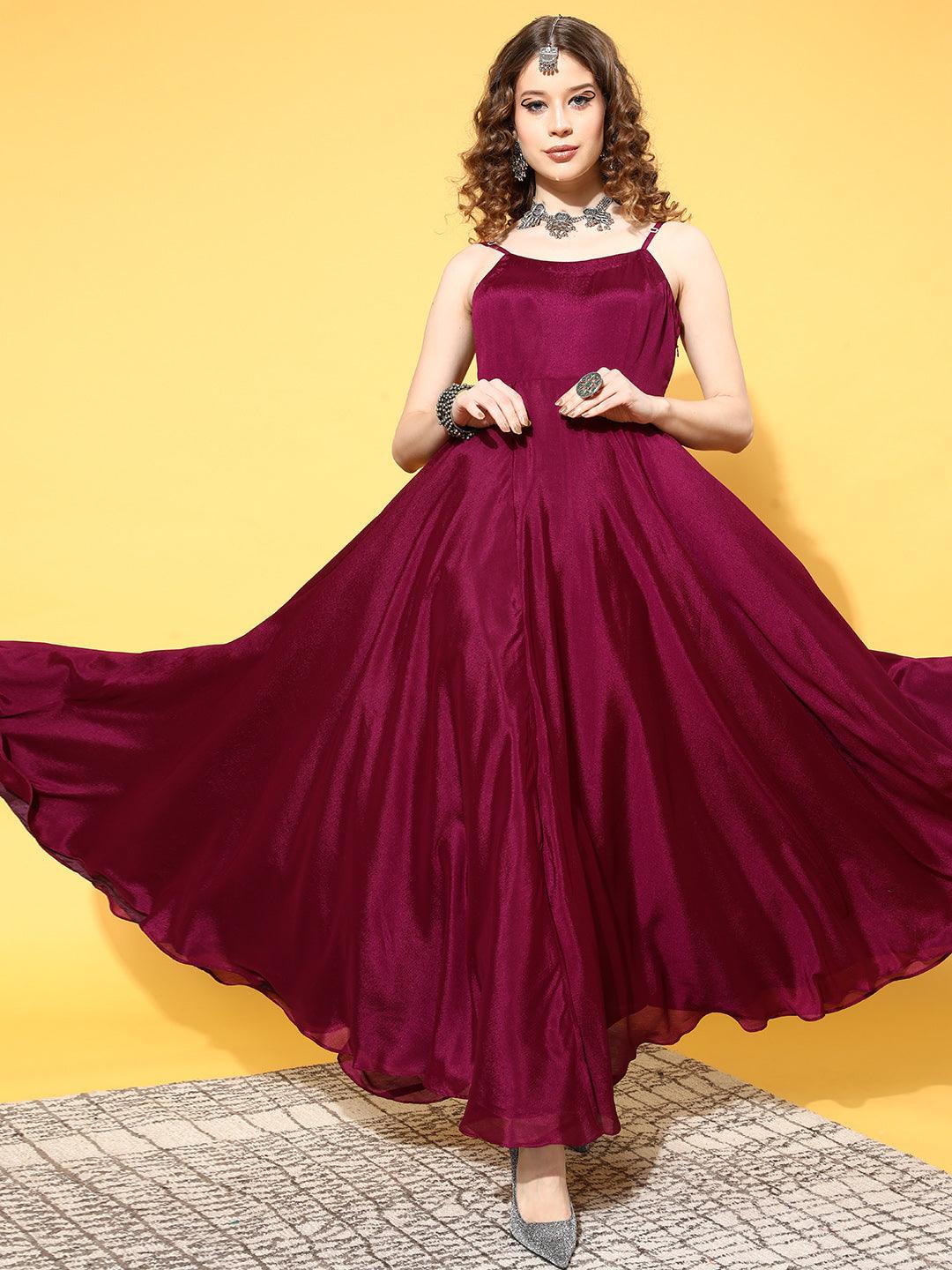 Purple Solid Georgette Dress - Libas