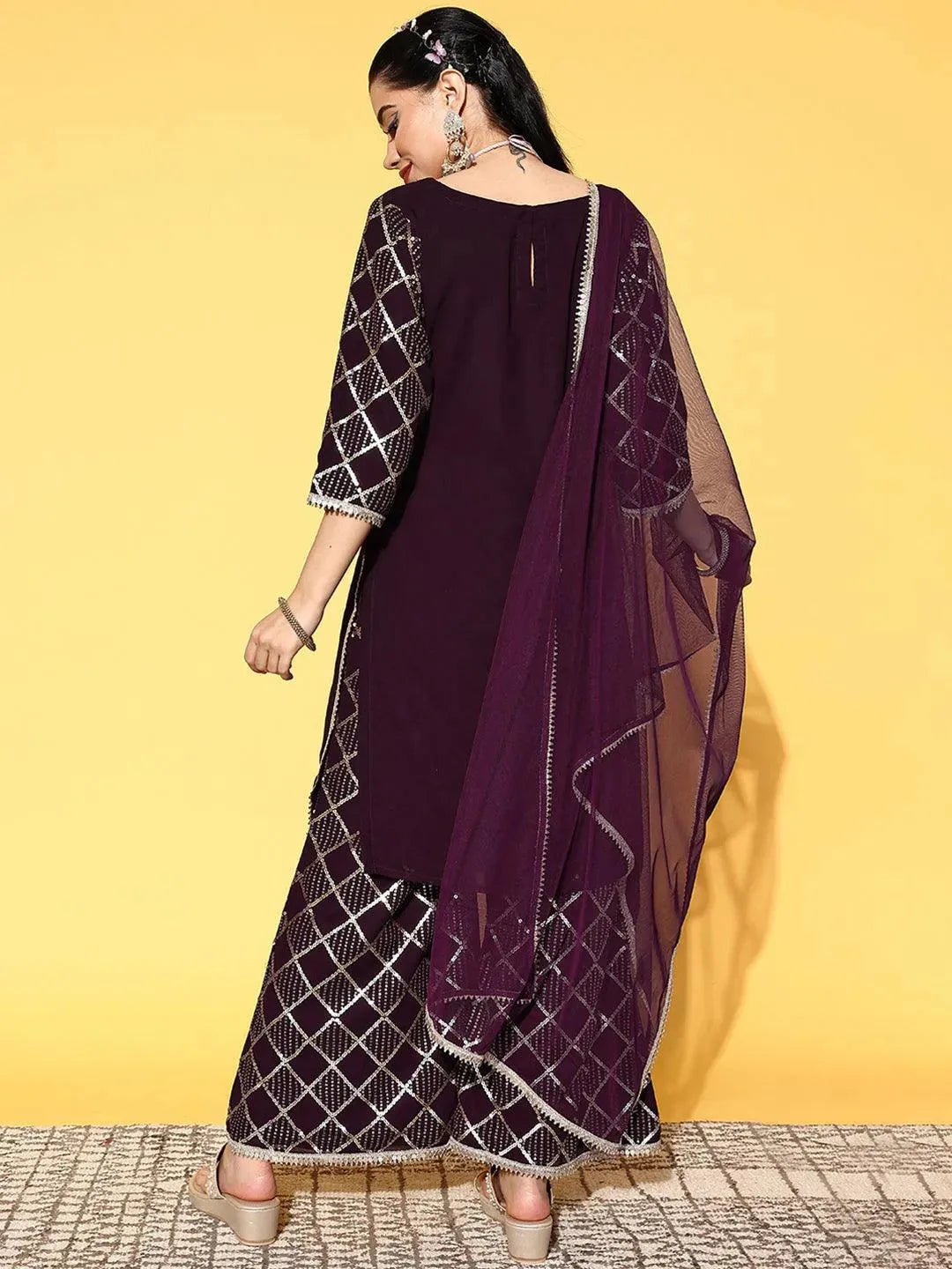 Purple Solid Georgette Straight Suit Set - Libas