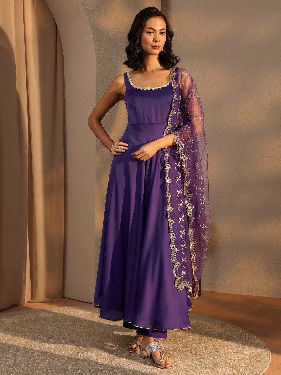  Purple Solid Satin A-Line Suit Set With Dupatta 