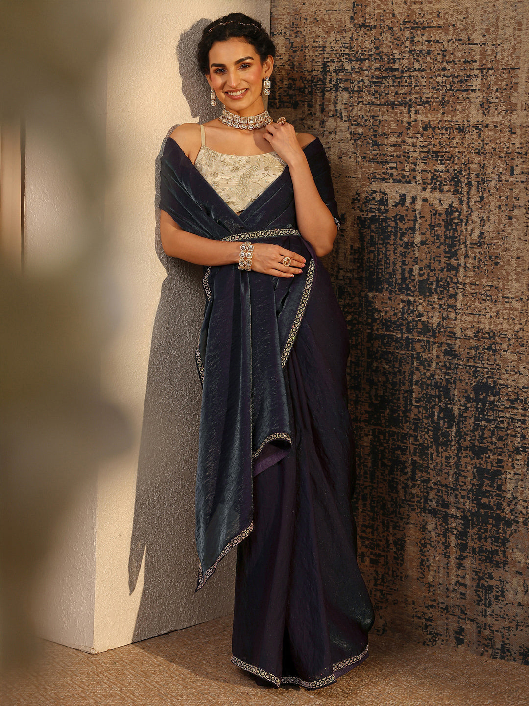 Purple Solid Satin Saree With Unstitched Blouse Piece