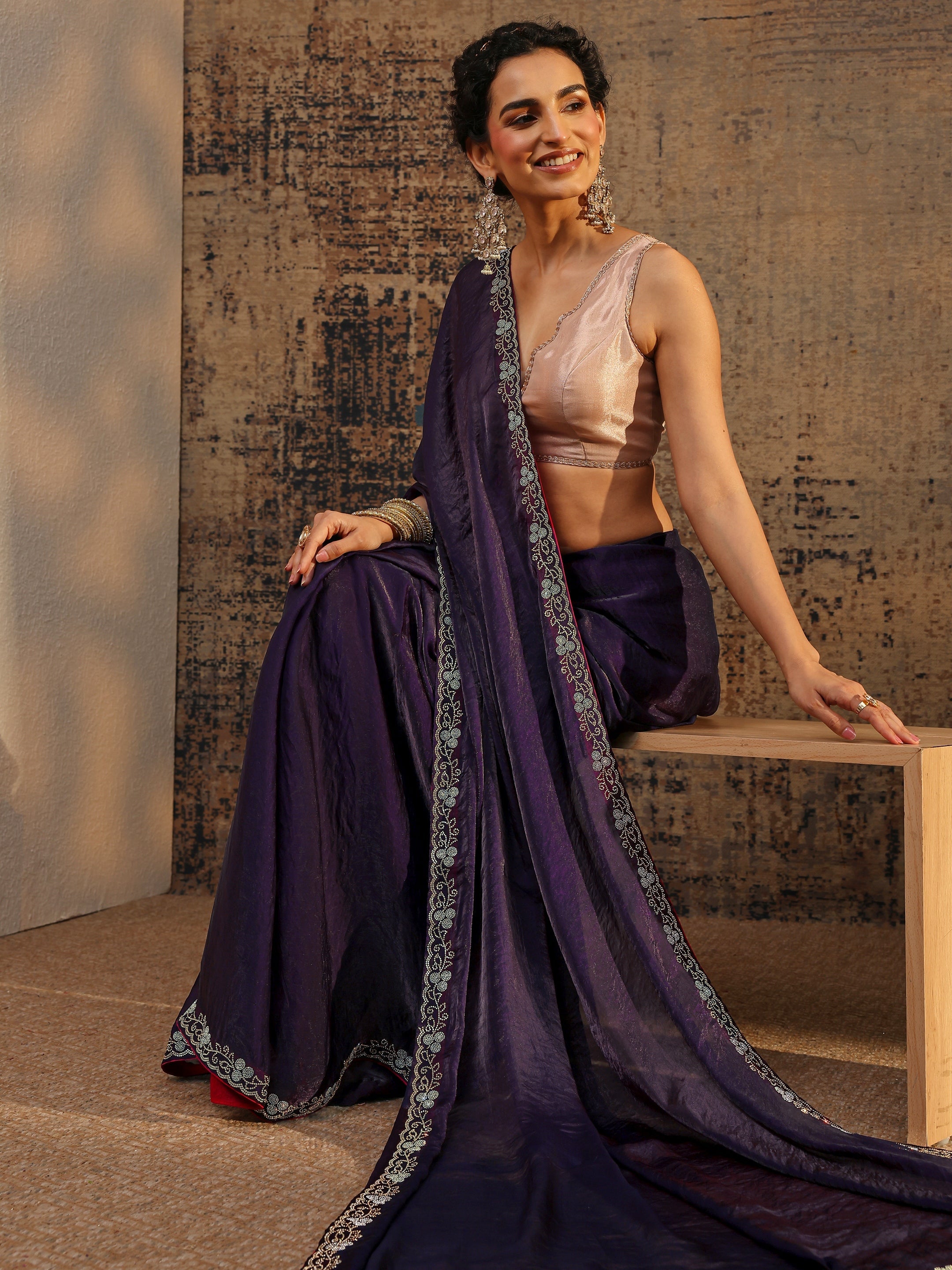libas Purple Solid Satin Saree With Unstitched Blouse Piece-picture-57