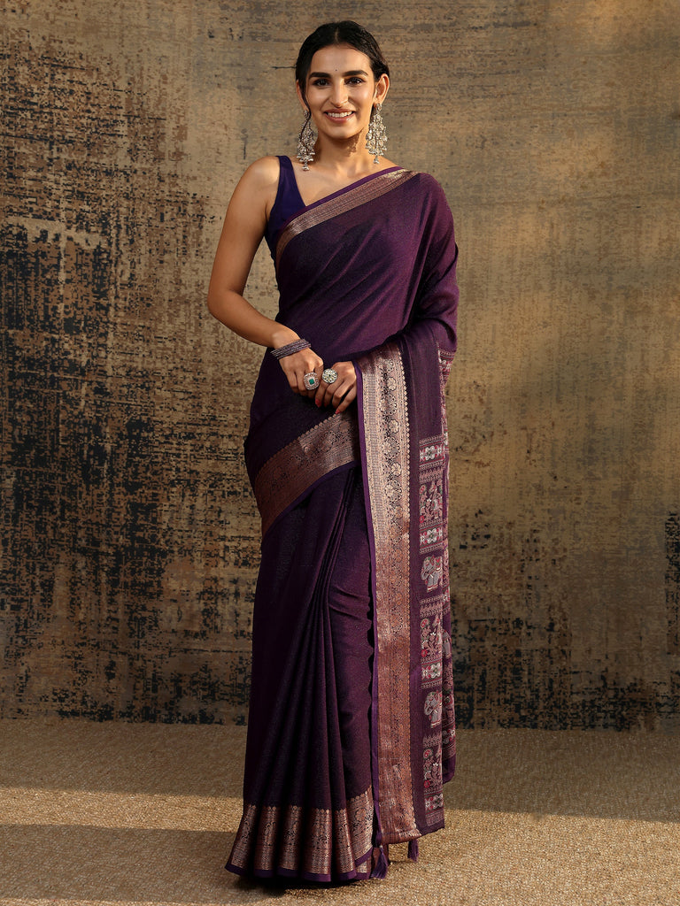 Libas Purple Solid Silk Blend Saree With Unstitched Blouse Piece
