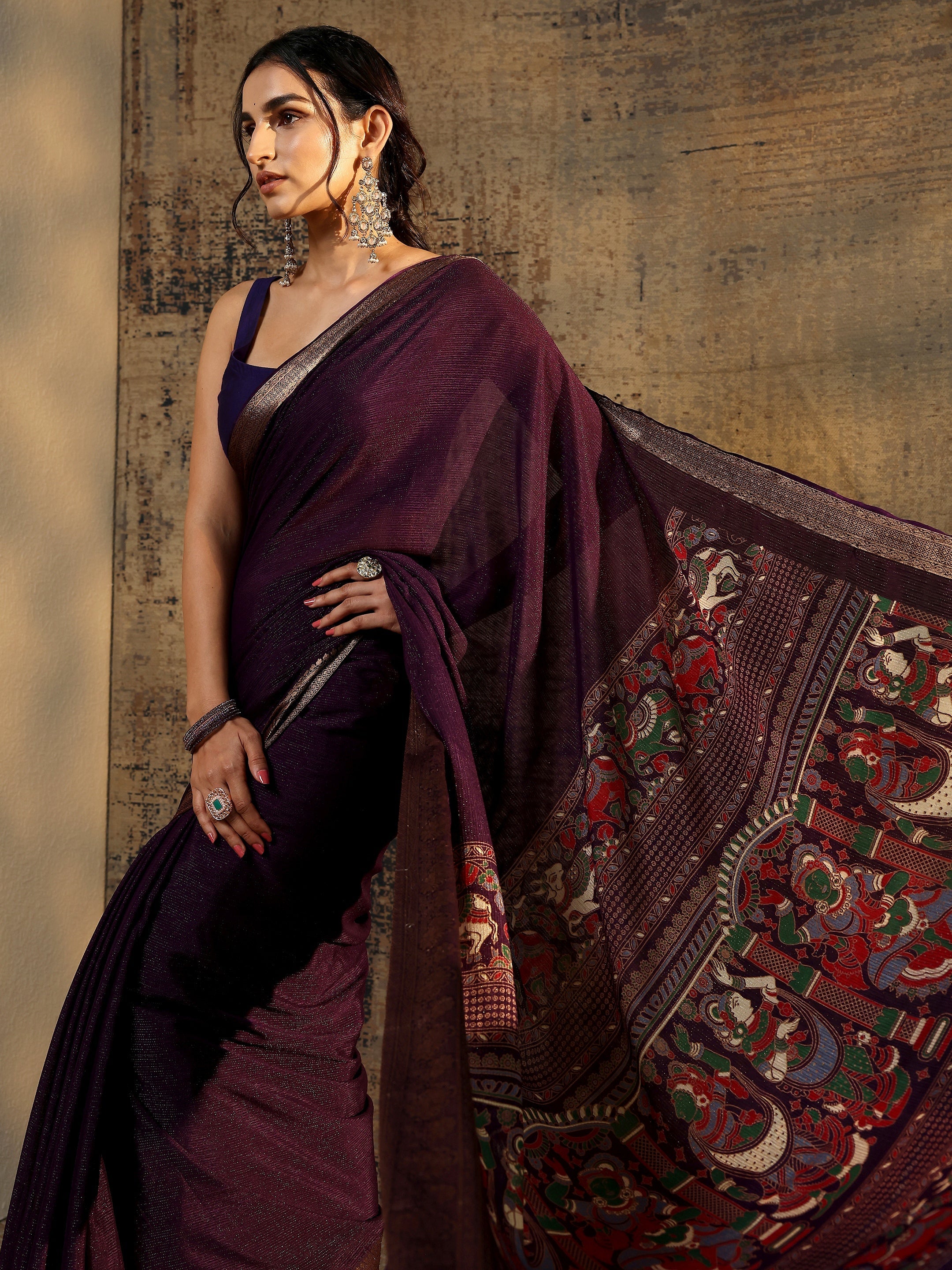 Purple Solid Silk Blend Saree With Unstitched Blouse Piece-image-15