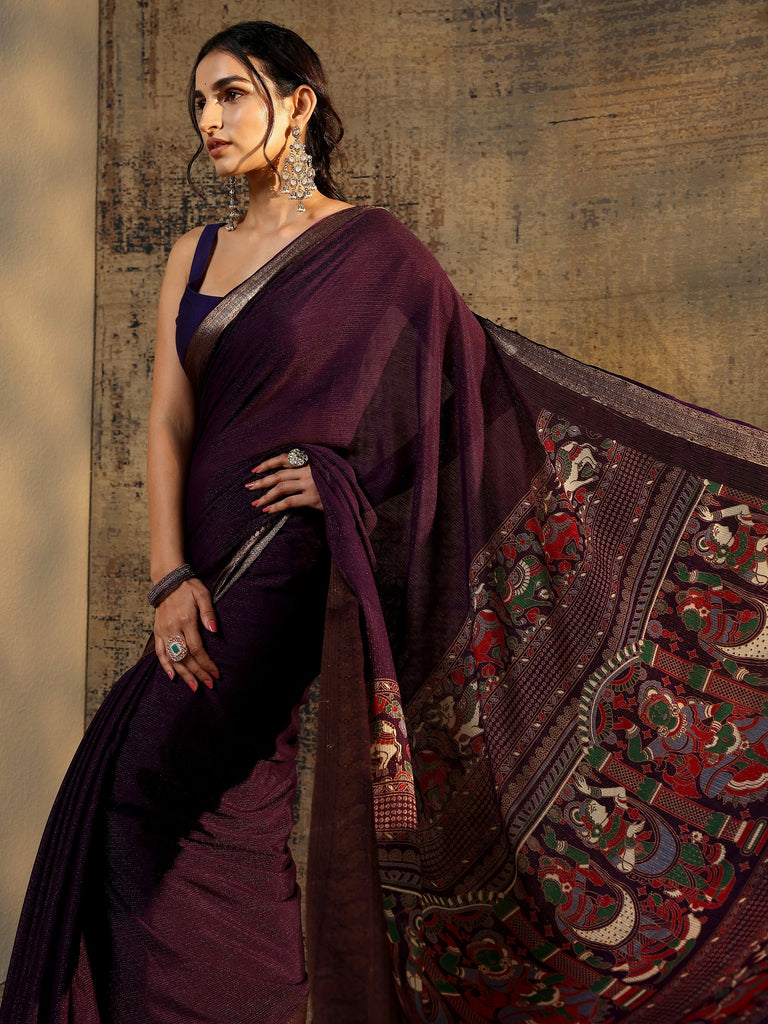 Libas Purple Solid Silk Blend Saree With Unstitched Blouse Piece