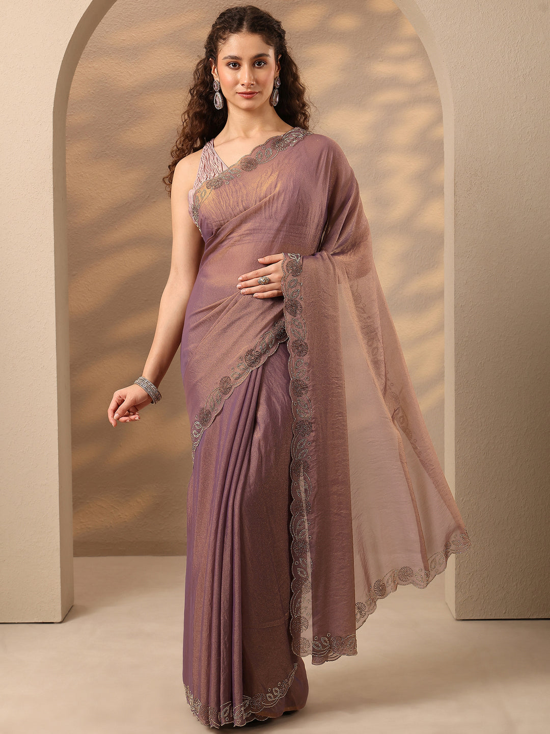  Purple Solid Silk Blend Saree With Unstitched Blouse Piece 