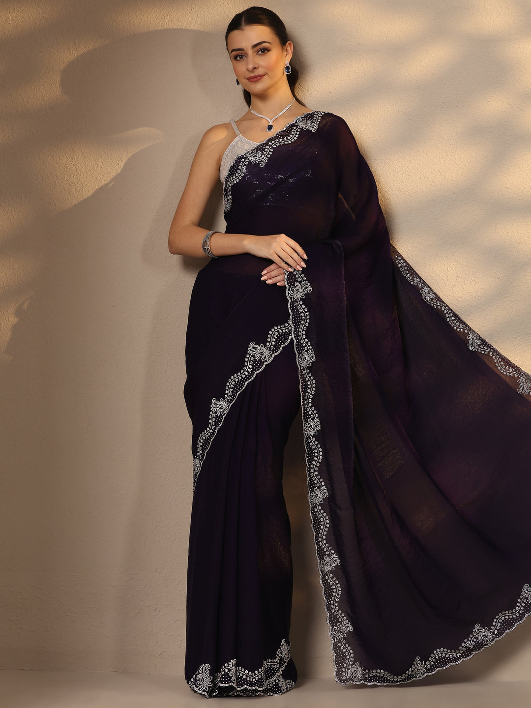  Purple Solid Silk Blend Saree With Unstitched Blouse Piece 