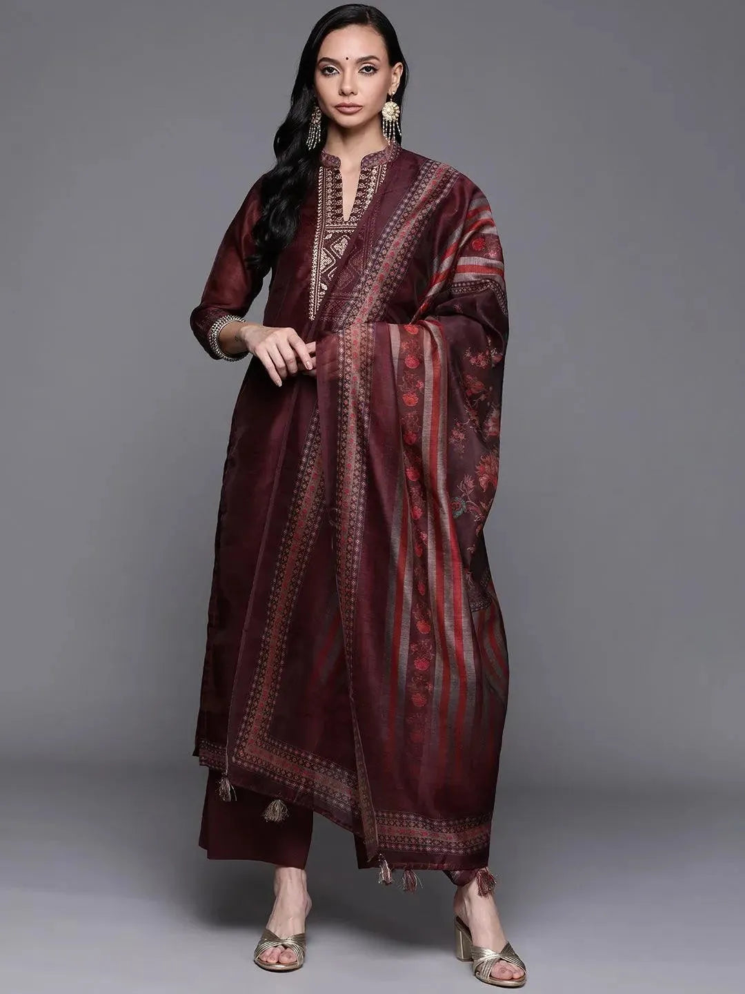 Purple Solid Silk Blend Suit Set - Libas