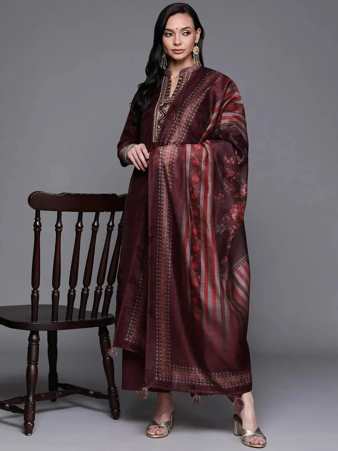 Purple Solid Silk Blend Suit Set - Libas