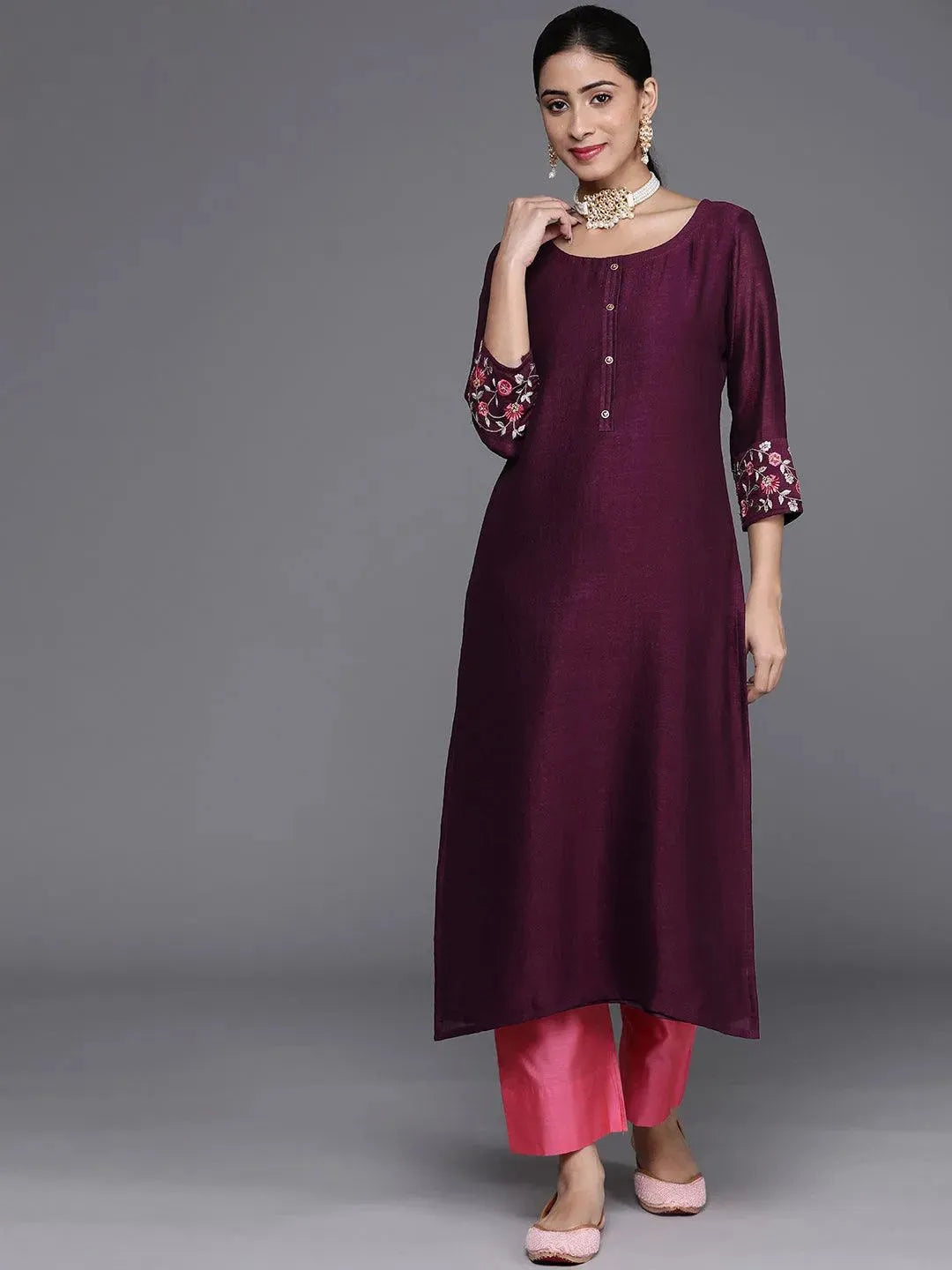 Purple Solid Silk Kurta - Libas