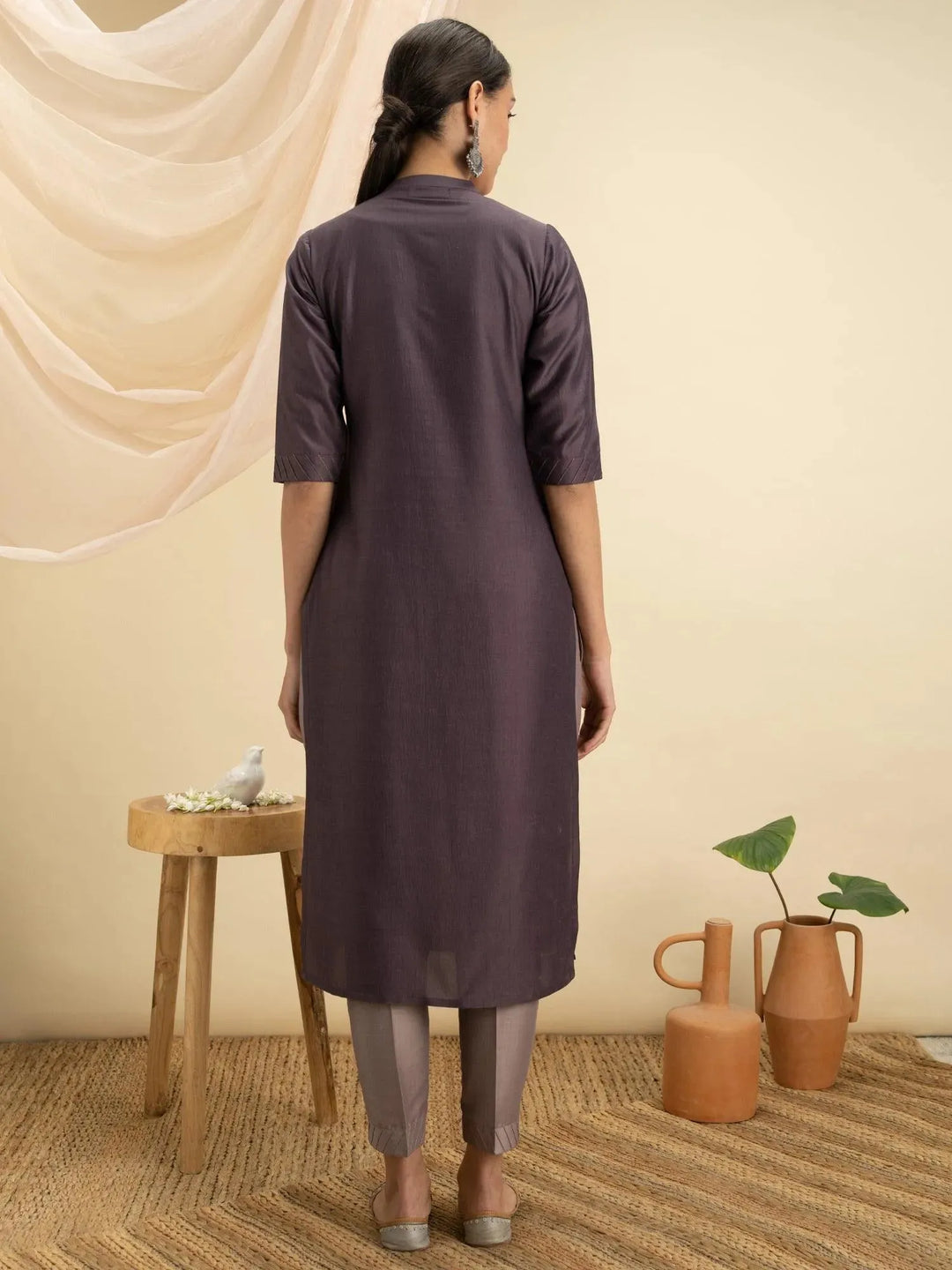 Purple Solid Silk Kurta - Libas 