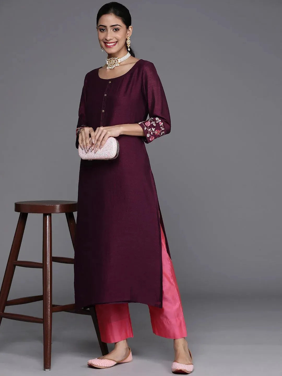 Purple Solid Silk Kurta - Libas 