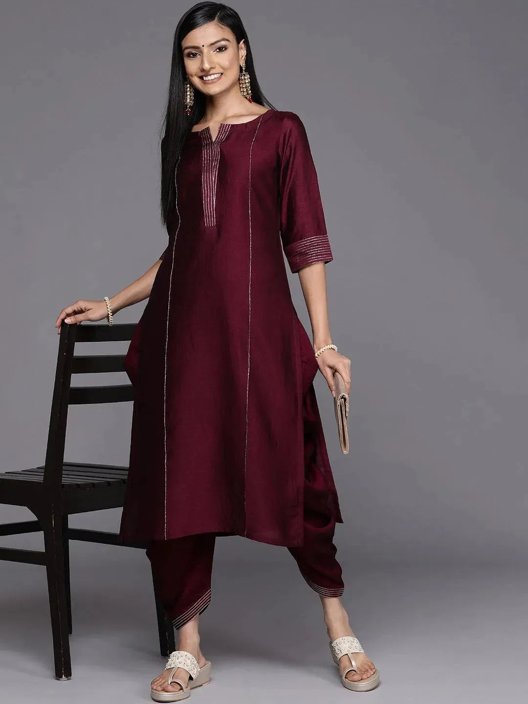 Purple Solid Silk Straight Kurta - Libas 