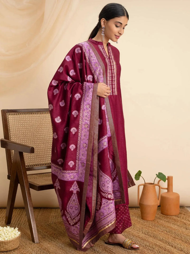 Purple Solid Silk Suit Set - Libas