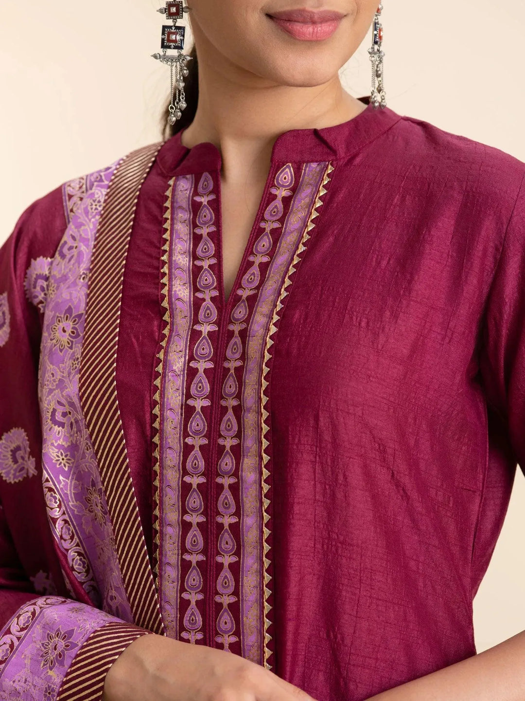 Purple Solid Silk Suit Set - Libas 
