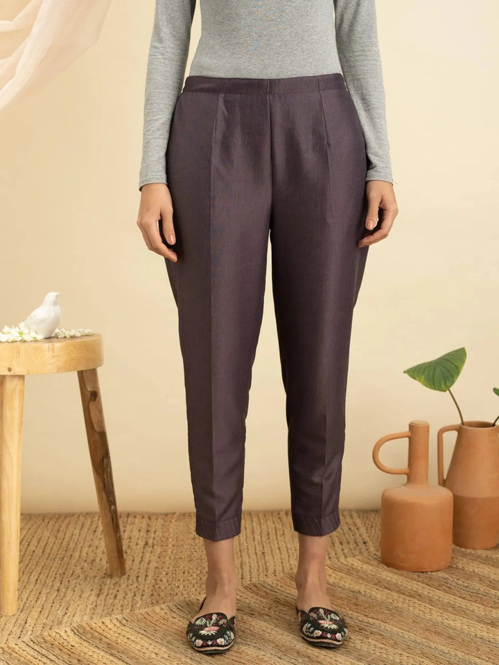 Purple Solid Silk Trousers - Libas