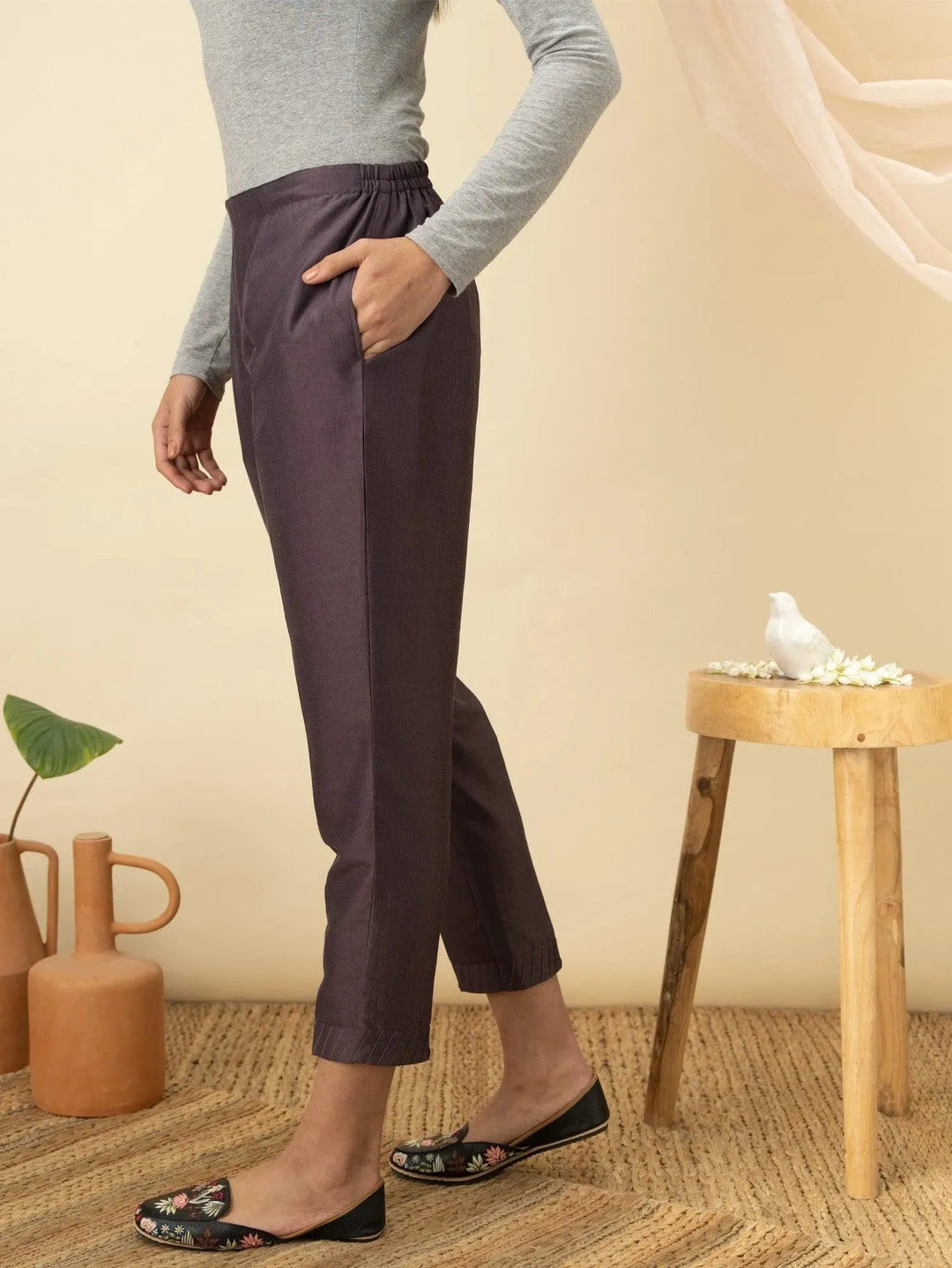 Purple Solid Silk Trousers - Libas 