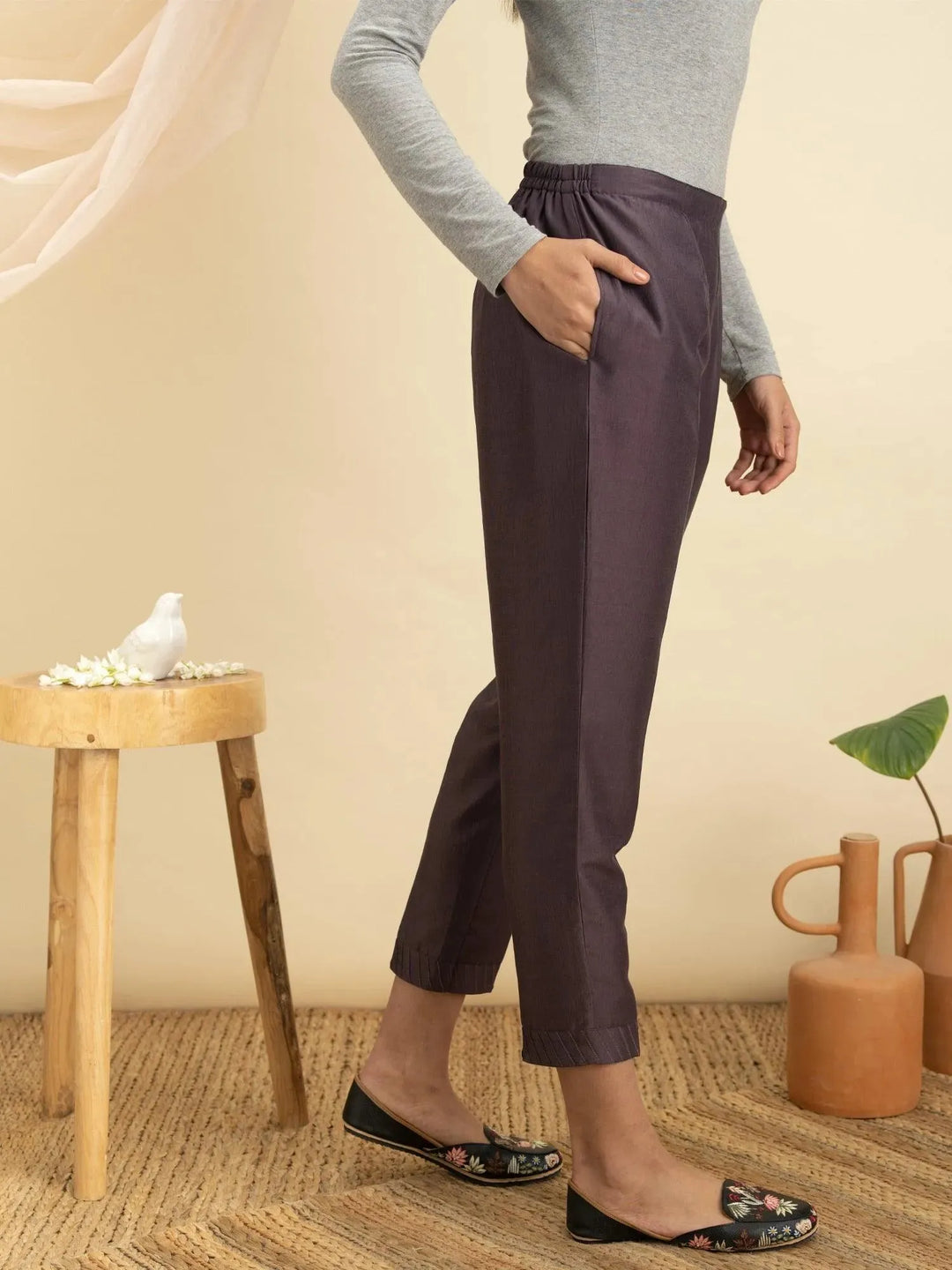 Purple Solid Silk Trousers - Libas 