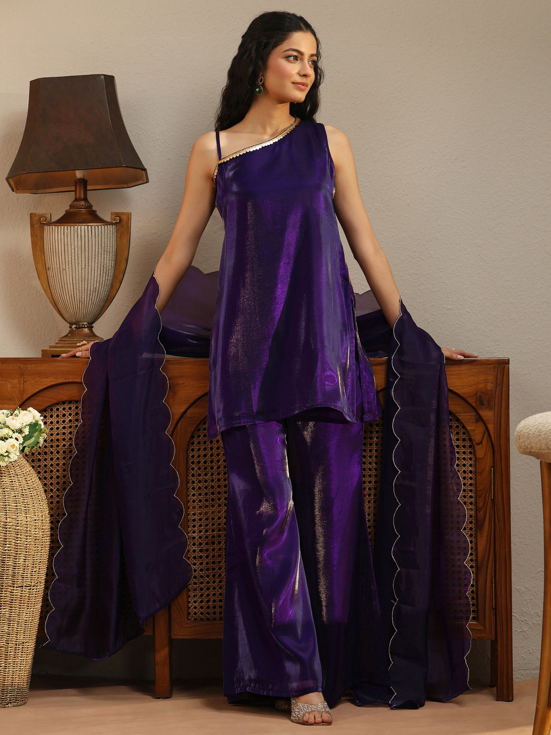  Purple Solid Tissue One Shoulder Palazzo Suit Set 