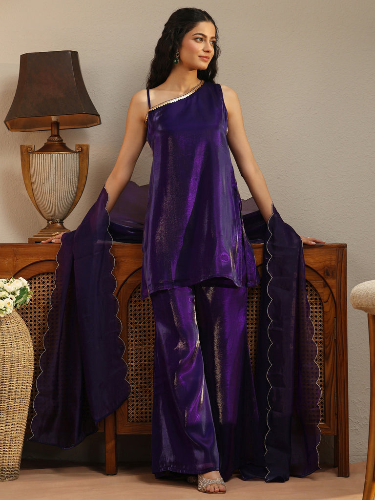 Gerua Purple Solid Tissue One Shoulder Palazzo Suit Set