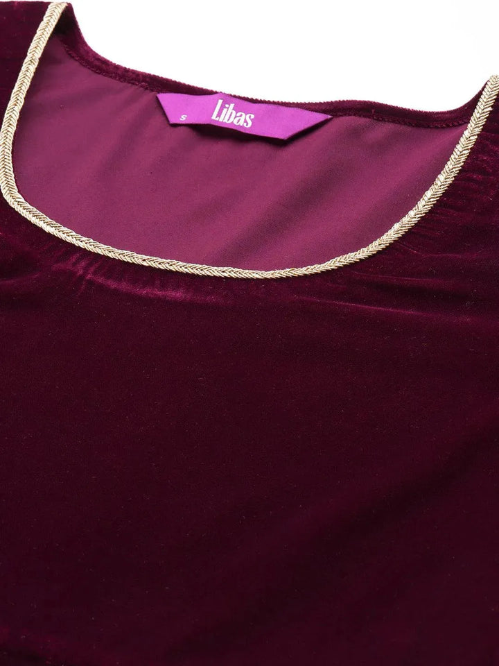 Purple Solid Velvet Straight Suit Set - Libas
