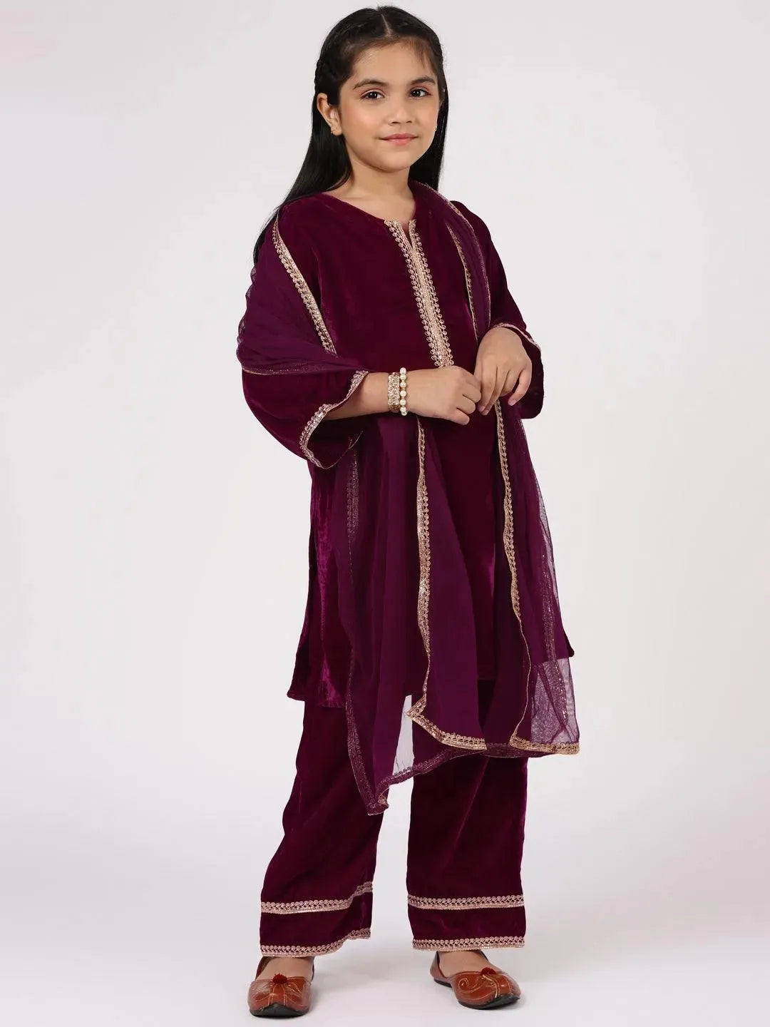 Purple Solid Velvet Straight Suit Set - Libas