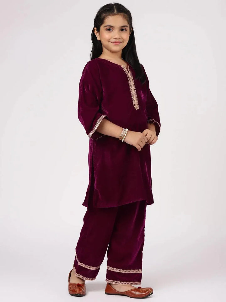 Purple Solid Velvet Straight Suit Set - Libas