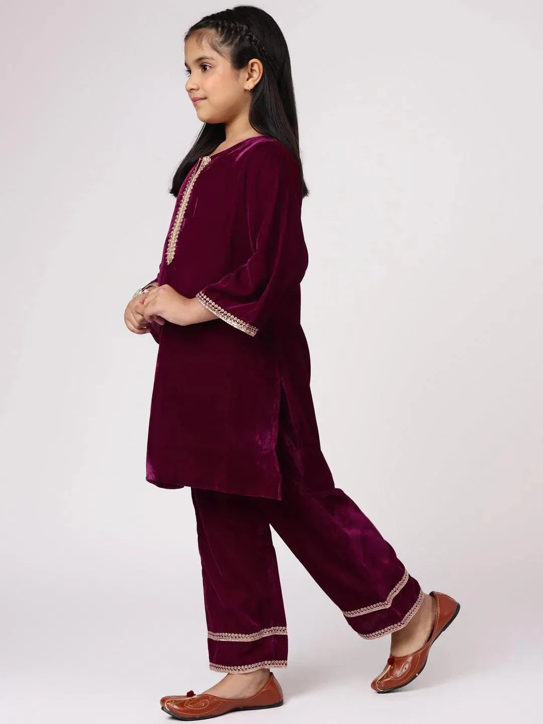 Purple Solid Velvet Straight Suit Set - Libas 
