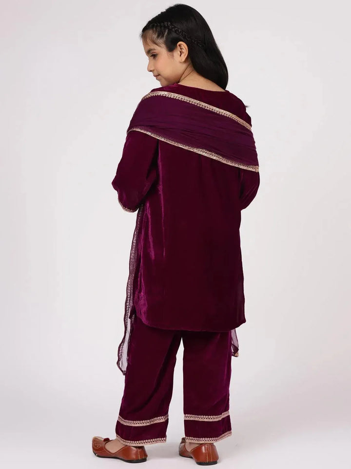 Purple Solid Velvet Straight Suit Set - Libas