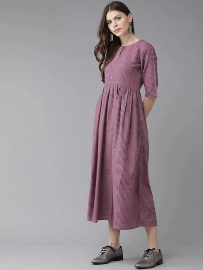 Purple Striped Cotton Dress - Libas