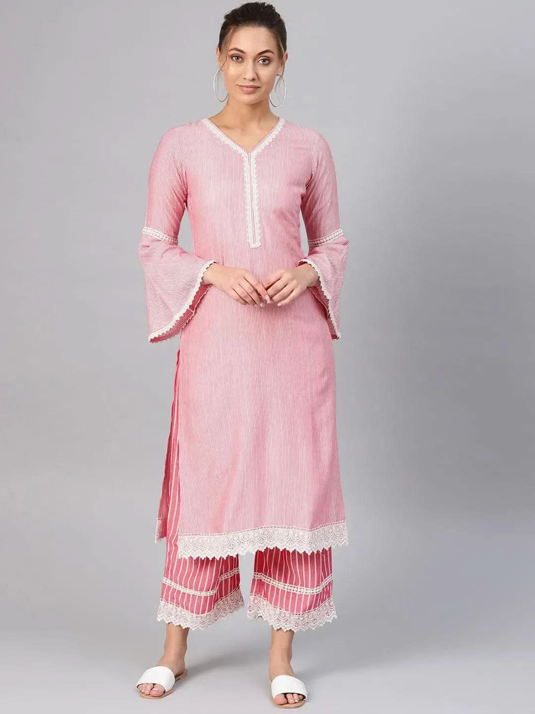 

Purple Striped Cotton Straight Kurta With Palazzos