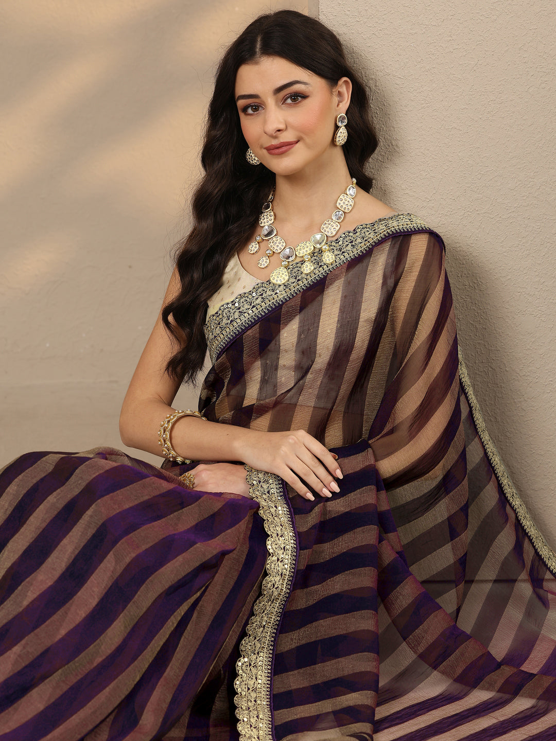  Purple Striped Embellished Silk Blend Saree With Unstitched Blouse Piece 
