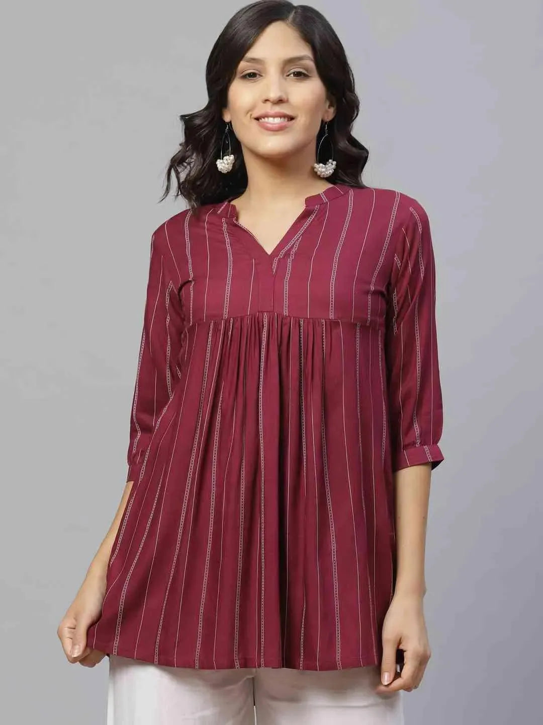 Purple Striped Rayon Kurti - Libas