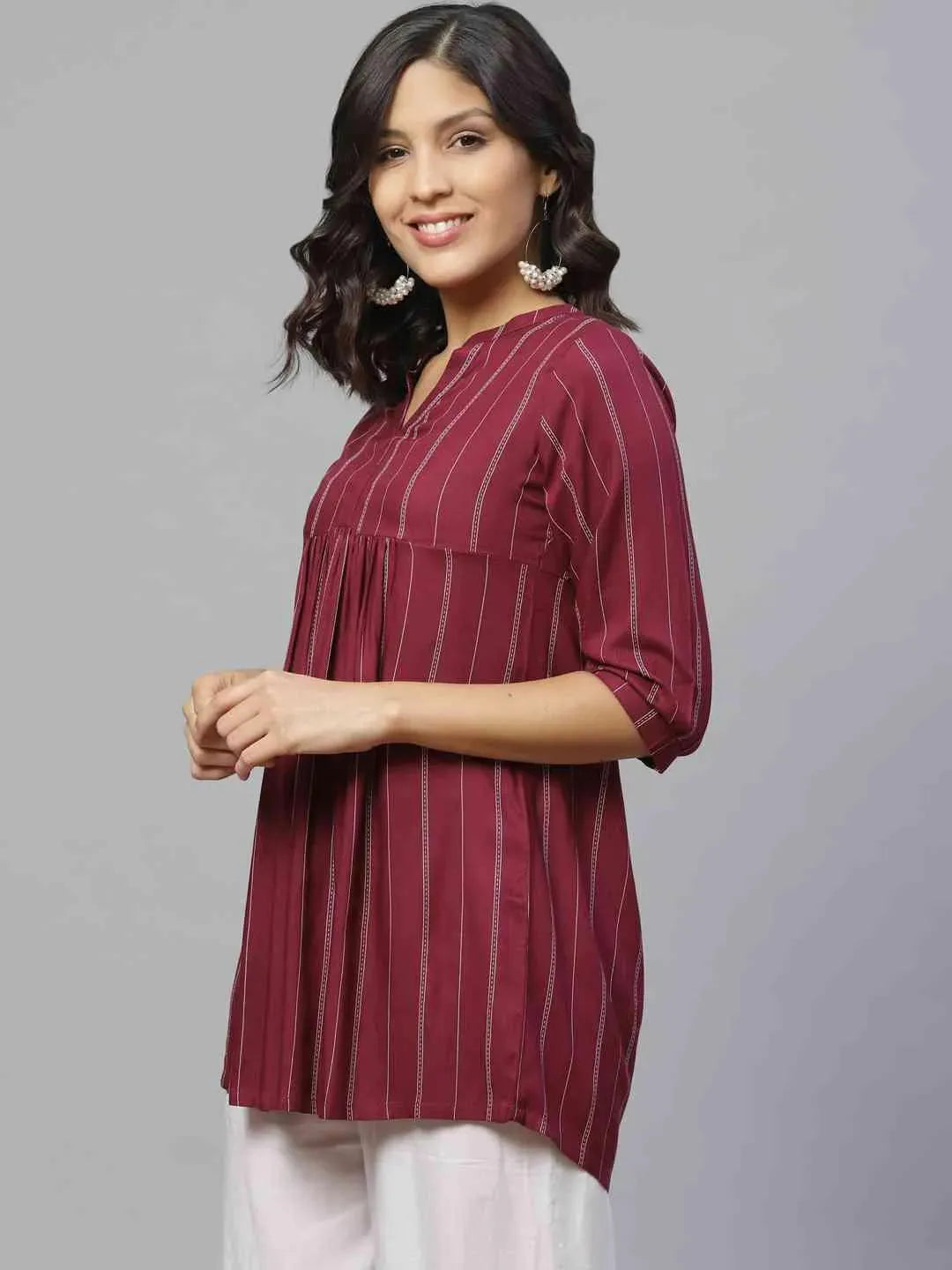 Purple Striped Rayon Kurti - Libas