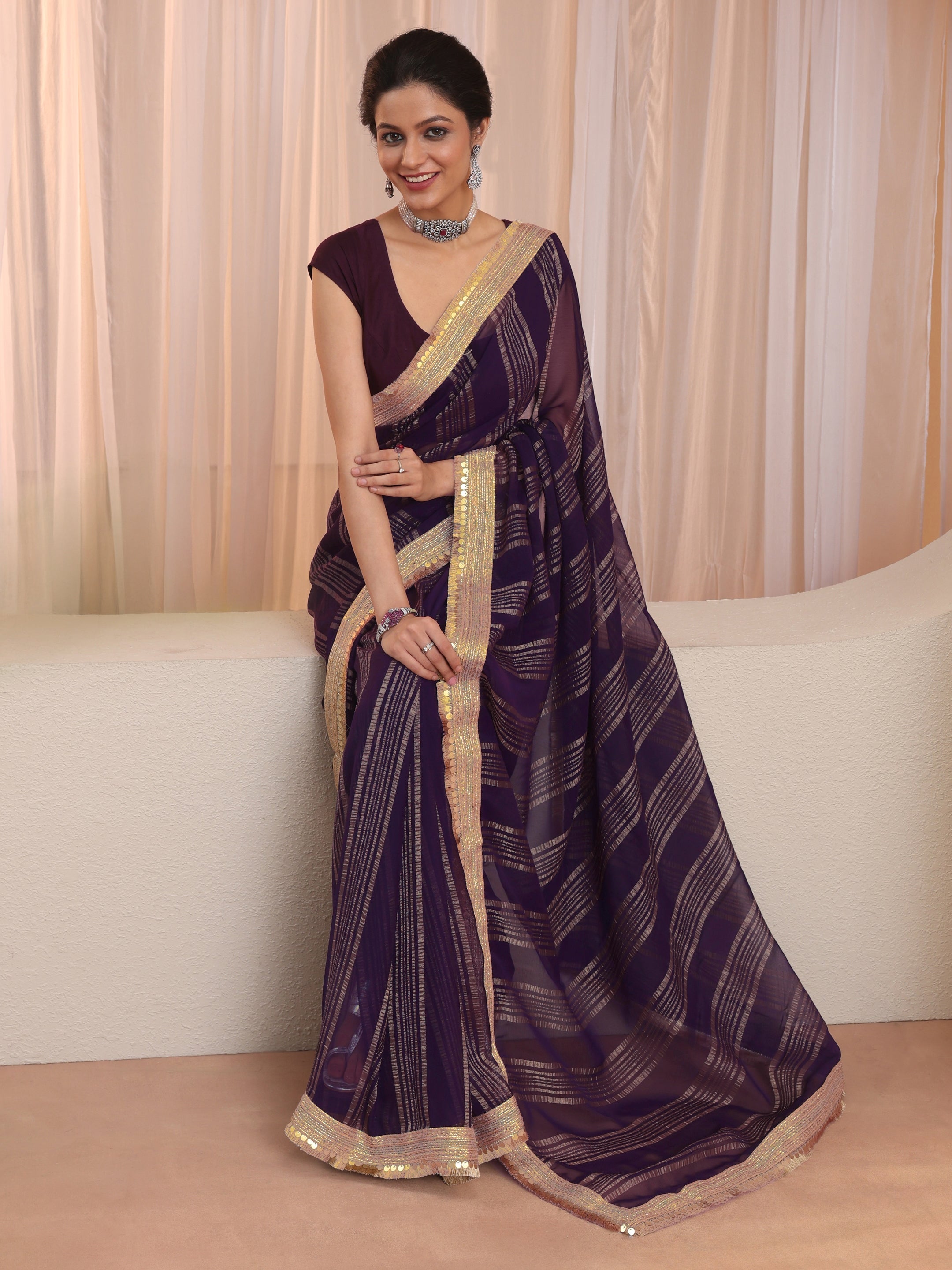 libas Purple Striped Textured Chiffon Saree-picture-32