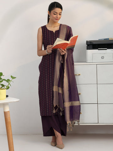 Gerua Purple Striped Woven Design Cotton Blend Straight Suit Set With Dupatta