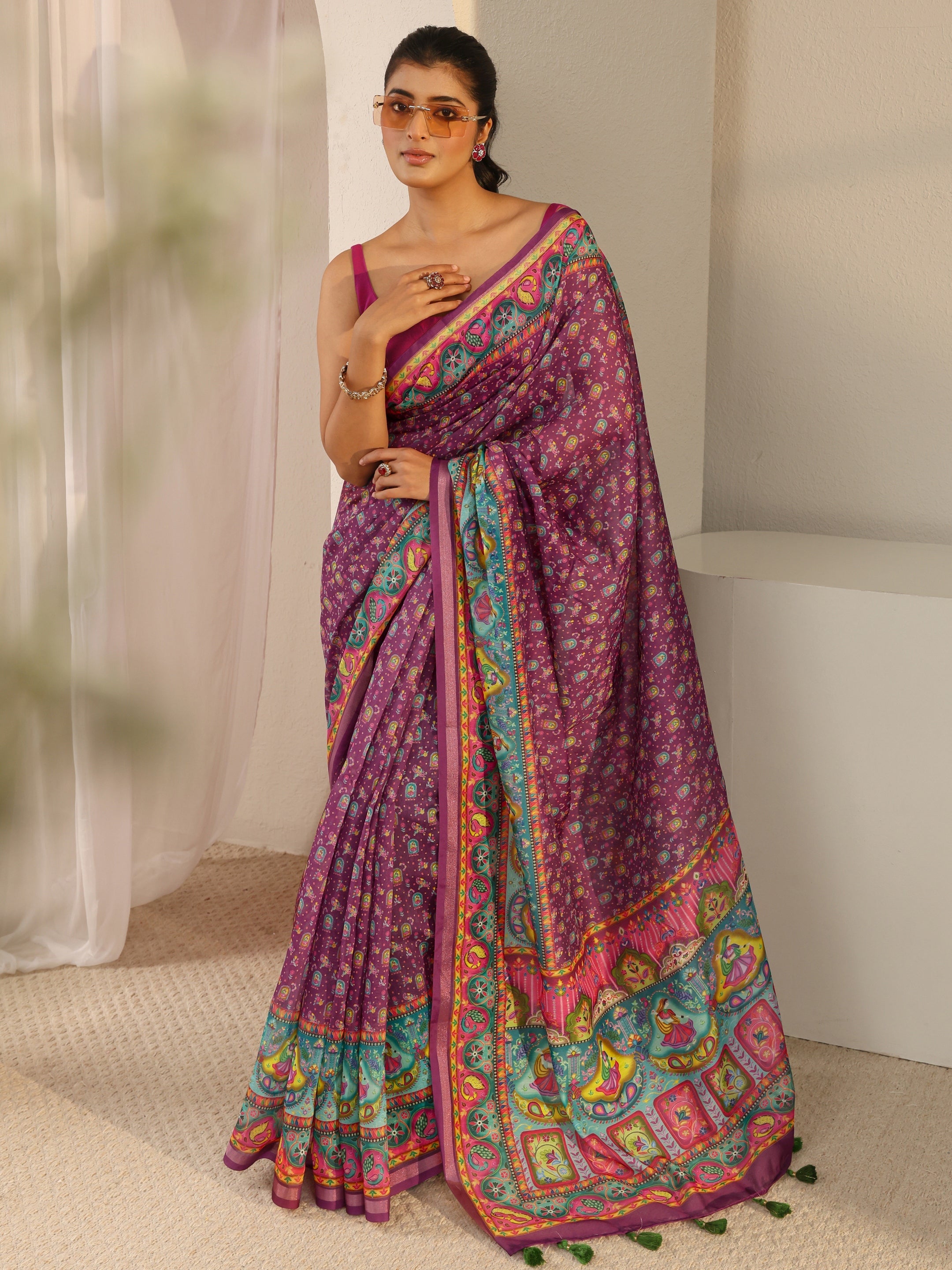 libas Purple Tribal Printed Silk Blend Tassel Saree With Unstitched Blouse Piece-picture-54